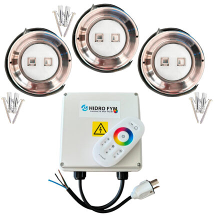 Combo 3 luces 20w acero inoxidable para piscinas + gabinete Hidro Fym